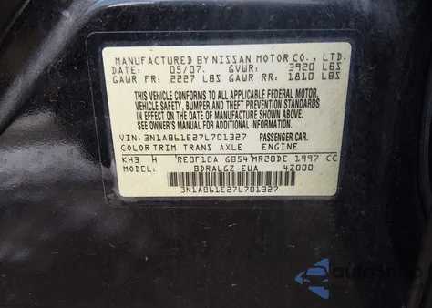 2007 Nissan Sentra 2.0Sl z USA, uszkodzony, nr VIN 3N1AB61E27L701327